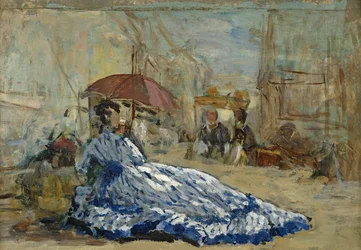 Mujer con vestido azul bajo una sombrilla, c.1865
